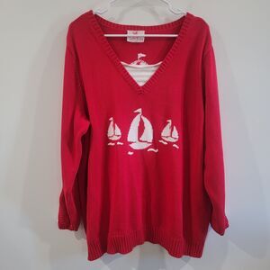 Quacker‎ Factory Womens Novelty Sweater Size 2x Sailboat Nautical Red Twofer